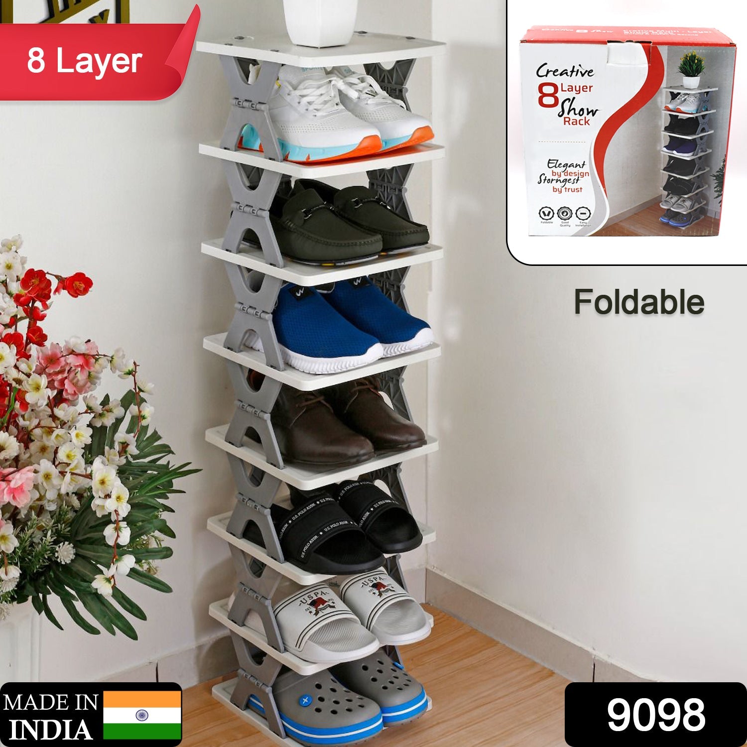 9098 SMART SHOE RACK WITH 8 LAYER SHOES STAND MULTIFUNCTIONAL ENTRYWAY FOLDABLE & COLLAPSIBLE DOOR SHOE RACK FREE STANDING HEAVY DUTY PLASTIC SHOE SHELF STORAGE ORGANIZER NARROW FOOTWEAR HOME DeoDap 9098 SMART SHOE RACK WITH 8 LAYER SHOES STAND MULTIFUNCTIONAL ENTRYWAY FOLDABLE & COLLAPSIBLE DOOR SHOE RACK FREE STANDING HEAVY DUTY PLASTIC SHOE SHELF STORAGE ORGANIZER NARROW FOOTWEAR HOME DeoDap